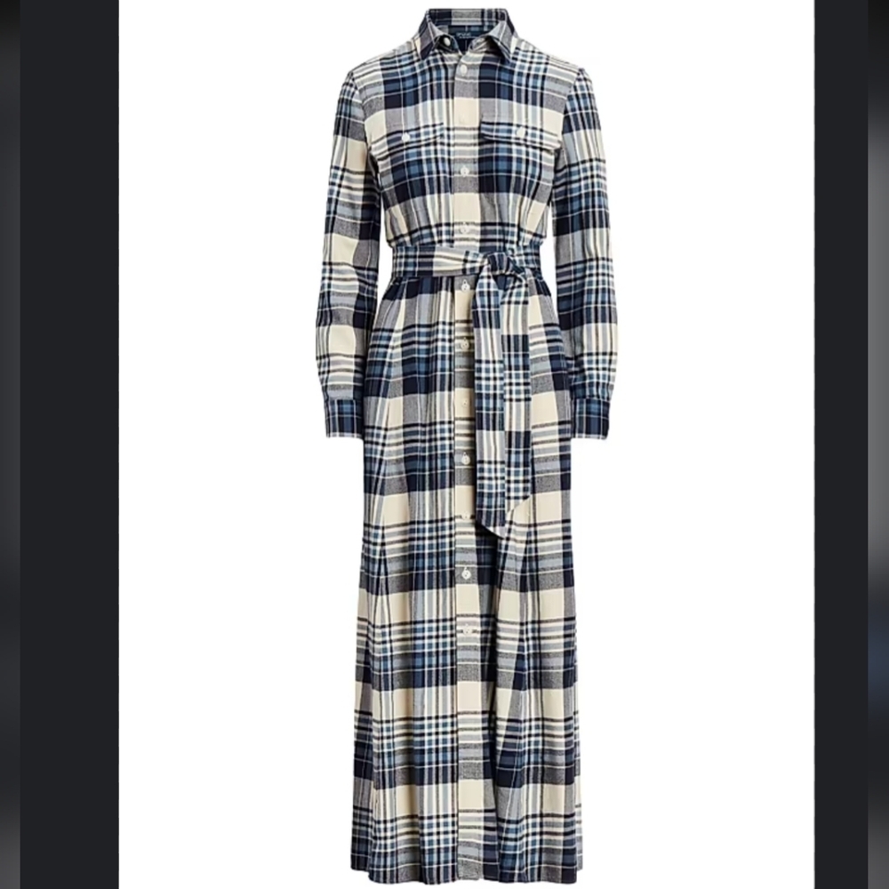 Polo Ralph Lauren Plaid Cotton Twill Shirtdress Maxi Dress 0 Blue White